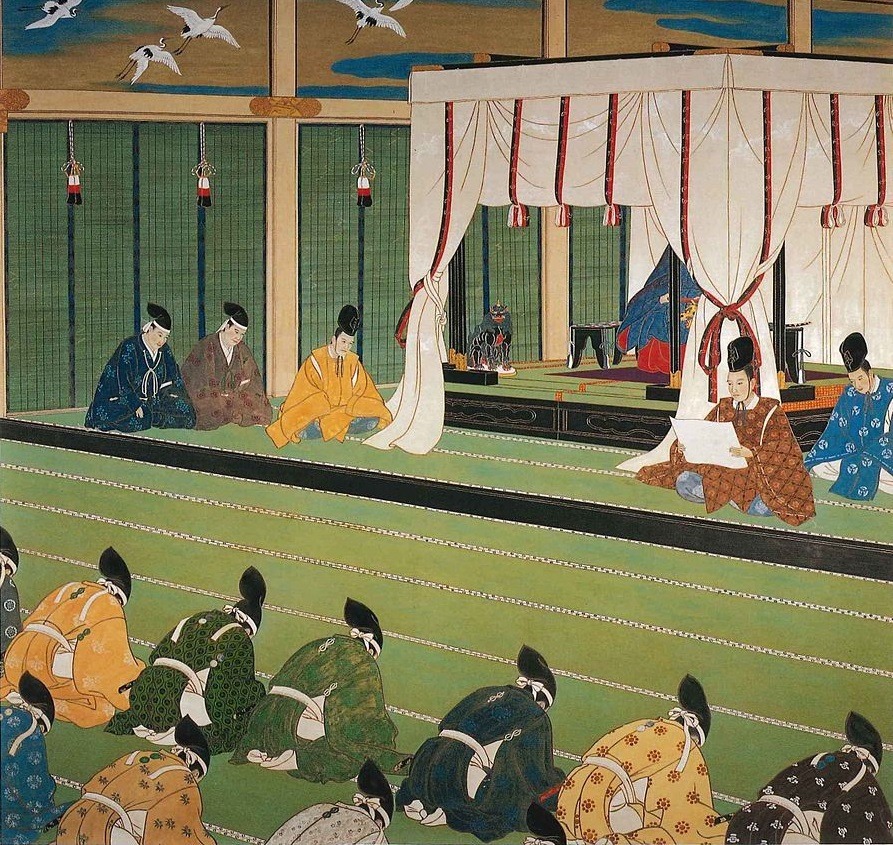 an illustration of samurais bowing to the Emperor