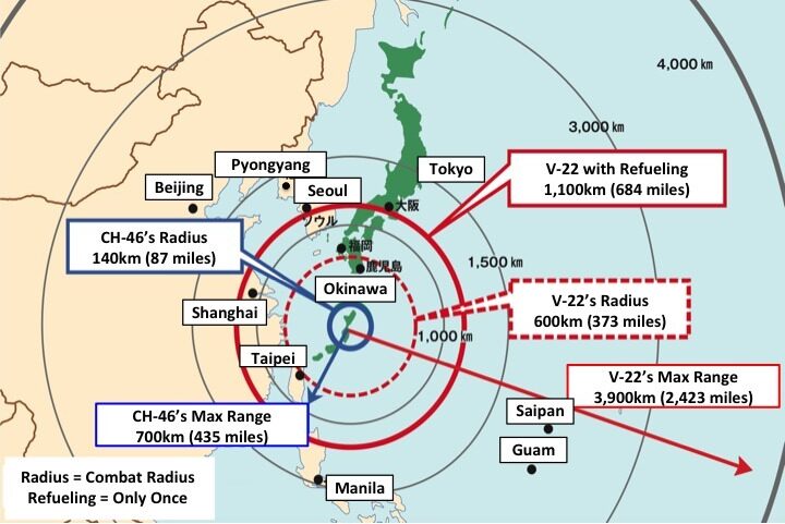 Map showing range of V-22 ospreys