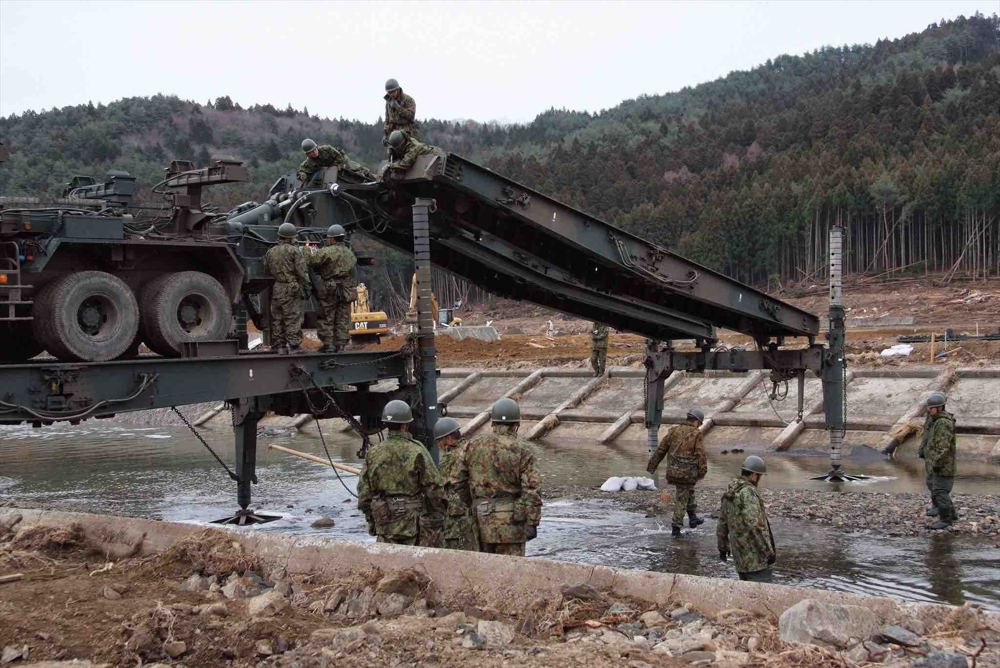 A makeshift bridge by the Japanese self-defense forces